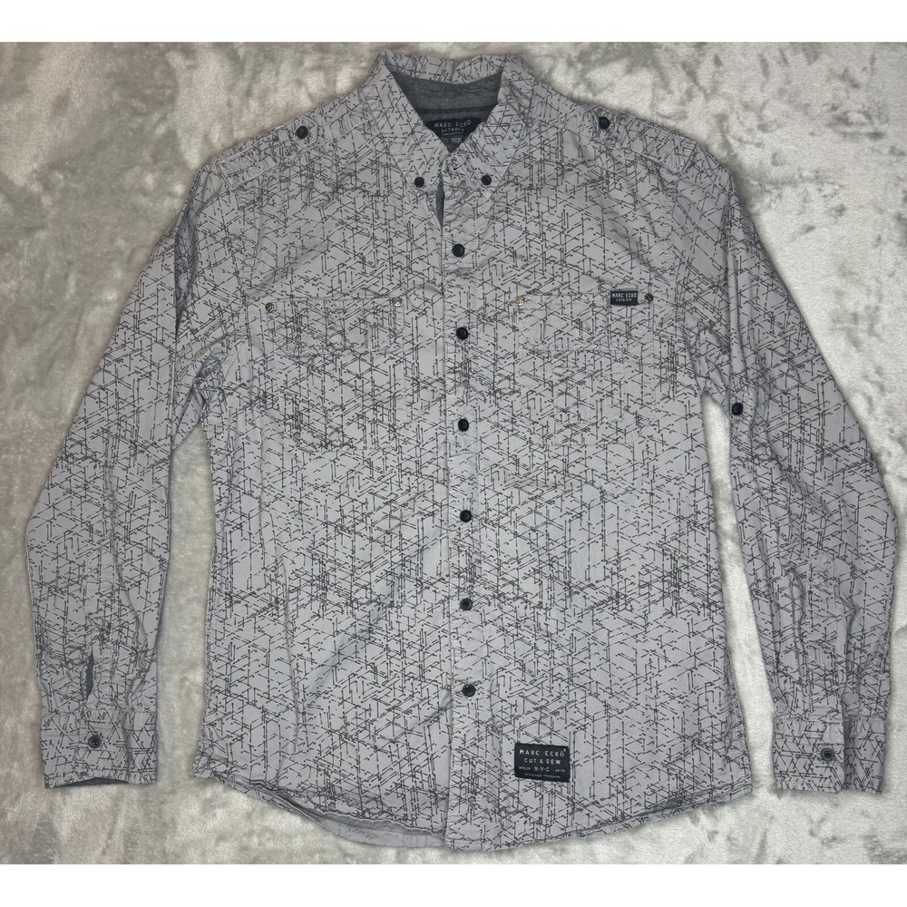 Marc Ecko Shirt Mens M Gray Abstract Allover Print Chest Pocket Rolltab Sleeves